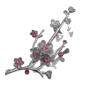 Elegant ancient Chinese style plum blossom brooch with pink crystals in matte silver finish