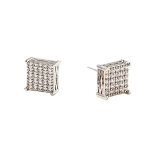 Minimalist silver-colored square stud earrings with pavé cubic zirconia on white background