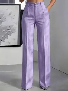 Lavender high-waisted pinstripe wide-leg trousers detail showing fit and pattern