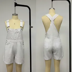 White denim overall shorts for women with multi-pockets and adjustable straps