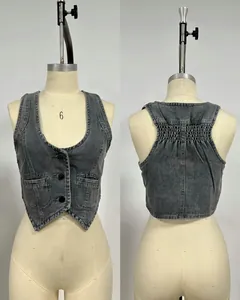 Detailed front and back views of a women's cropped washed grey denim vest top.