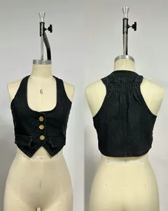 Front and back macro view of a slim black denim vest with three brass buttons.