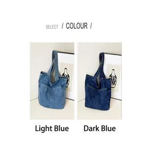 Japanese minimalist denim tote bag shown in light blue and dark blue color options