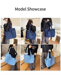 Showcase of minimalist denim tote bags in dark and light blue with multiple pockets