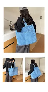 Minimalist blue denim tote bag with large capacity and shoulder strap for women.