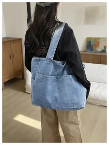 Large casual denim tote bag with multiple pockets, Japanese style women's shoulder bag