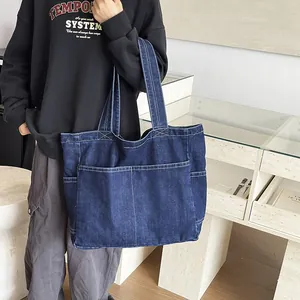 Minimalist Japanese style denim tote bag with large capacity for women's daily use