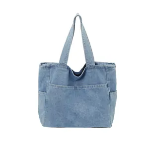 Minimalist Japanese style light blue denim tote bag for women with large capacity