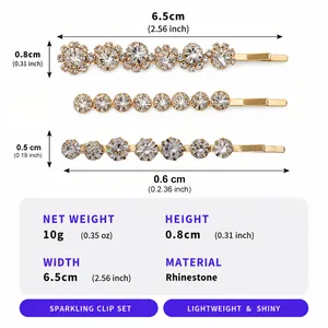 Detailed dimensions and weight specifications of the sparkling rhinestone hair clip set.