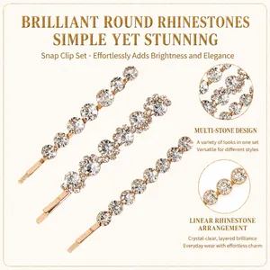 Macro shot of gold-tone hair clips featuring shimmering round-cut rhinestone embellishments