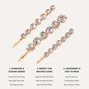 Detail view of sparkling rose-gold hair pins with clear crystal embellishments set