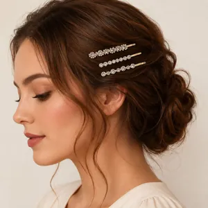 Elegant French style crystal rhinestone bobby pin set worn by a model in side profile
