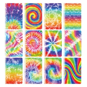 Set of 12 mini tie-dye notebooks featuring vibrant rainbow patterns and lined pages