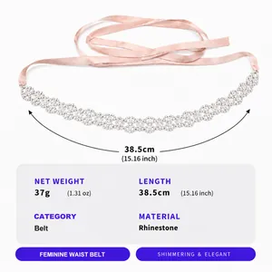 Detailed view of floral rhinestone waist belt with pink ribbon, showing dimensions and weight.