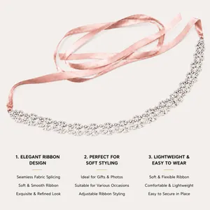 Elegant rhinestone ribbon belt detail with product feature descriptions for wedding banquet use