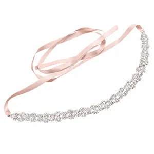 Elegant floral rhinestone bridal belt with light pink satin ribbon for wedding dresses