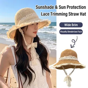 Sombrero De Paja Para Mujer Sombrero De Sol Encaje Cinta Transpirable Ala Ancha Playa Vacaciones Verano Elegante