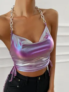 Haut licou violet iridescent sexy pour femme avec chaînes argentées et cordons de serrage
