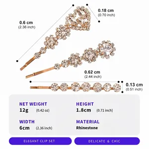 Vue détaillée de l'ensemble de barrettes en strass avec dimensions et matériaux