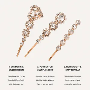 Détail du set de barrettes à strass or rose aux designs élégants et étincelants