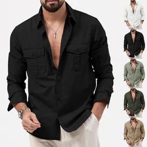 Professional view of men's casual long-sleeved shirt with dual chest pockets in multiple colors
