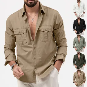 Detail view of men's casual long-sleeve shirt featuring multiple functional utility chest pockets