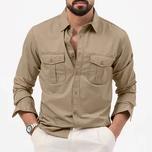 Casual khaki long-sleeve men's shirt with double chest pockets detail view
