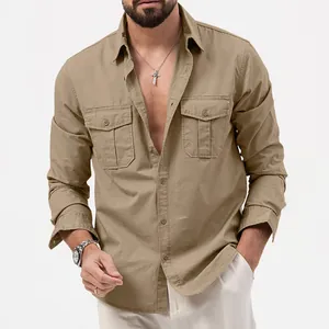 Detailed view of a men's casual khaki long-sleeve shirt with two buttoned chest pockets.