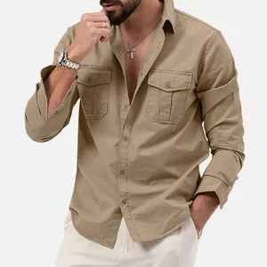 Detailed view of men's casual khaki long sleeve shirt with double chest pockets and buttons