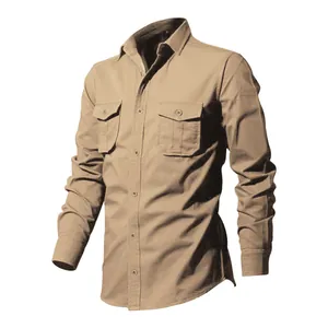 Men's khaki casual long-sleeve cotton shirt with double button pockets for autumn.