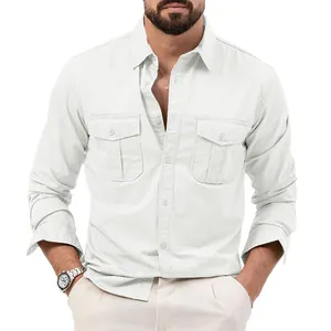 Men's white casual long-sleeve shirt with double chest pockets and slim fit design