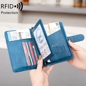 Premium blauwe PU lederen paspoorthouder met RFID bescherming en diverse kaartvakjes