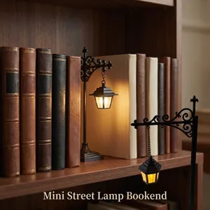 Fermalibri mini lampione vintage per libreria con calda luce LED decorativa