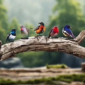 Vista dettagliata di cinque colorati ornamenti di uccelli in acrilico su un ramo rustico