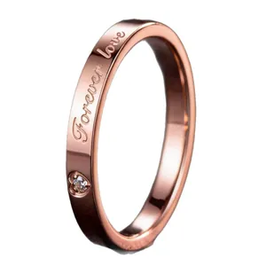 Elegant rose gold titanium steel ring with Forever Love engraving and small heart stone