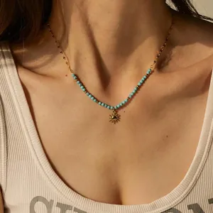 Collier Pendentif Soleil Acier Inoxydable Plaqué Or Perles Turquoise Style Bohème Rétro Bijoux Pour Femmes
