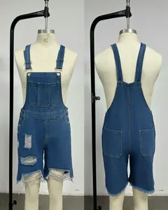 Vue détaillée de la salopette en jean déchiré pour hommes avec vue de face et de dos.