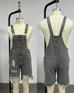 Vue détaillée d'une salopette en jean gris déchirée pour homme sur mannequin devant et dos