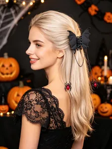 Gothic matte black bat hair claw clip with spider pendant for Halloween party outfits