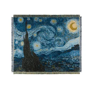Couverture tissée camping pique-nique motif La Nuit étoilée de Van Gogh avec pompons
