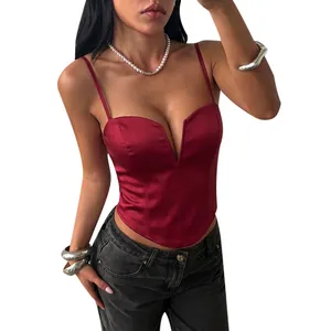Sexy wine red satin spaghetti strap corset top for women trendy spicy girl style