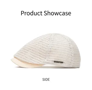 Detailed side view showing breathable mesh texture of a white summer beret flat cap