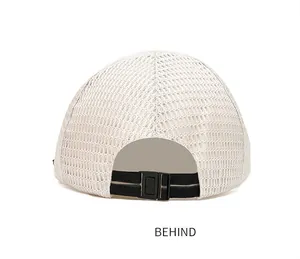 Detailed back view of a breathable cream-colored mesh flat cap with adjustable strap