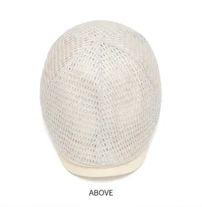 Detailed top view of a breathable beige mesh flat cap designed for summer sun protection