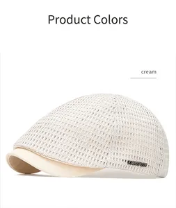 Detailed view of a breathable cream mesh beret flat cap for summer outdoor sun protection