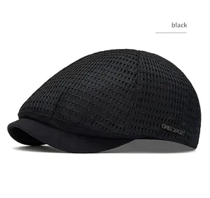 Close-up detail of black breathable mesh beret with hollow design and metal logo
