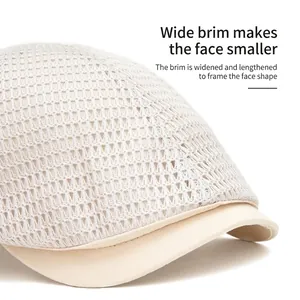 Beige breathable mesh beret hat with wide brim for summer outdoor sun protection