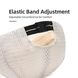 Close-up of a breathable mesh beret featuring an adjustable elastic strap for a custom fit