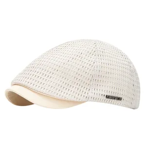 Breathable beige mesh ivy flat cap for summer outdoor sunshade with metal logo detail