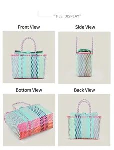 Detailed four-angle view of a multi-colored hand-woven plastic beach basket tote bag